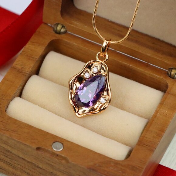 "Elegant Purple Teardrop Pendant in Gold Plated Frame, XPPT1734 - Picture 8 of 13